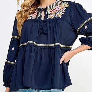 See N Be Seen Navy Tiered Embroidered Peasant Floral Bohemian Blouse  Sz 1X